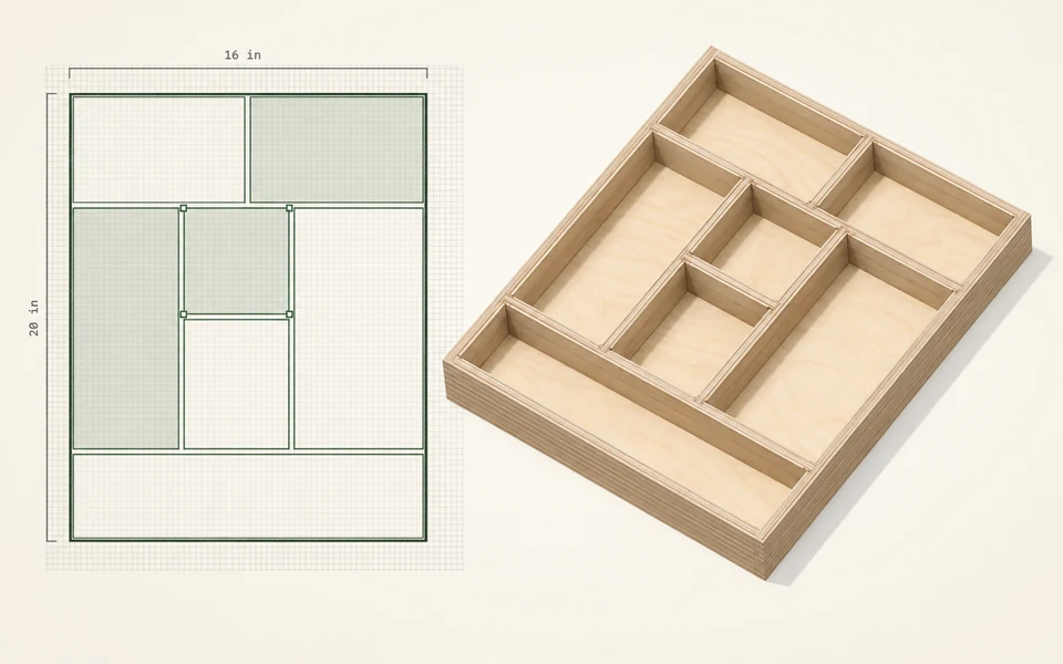 Drawer layout grid beside a birch plywood compartment organizer rendering